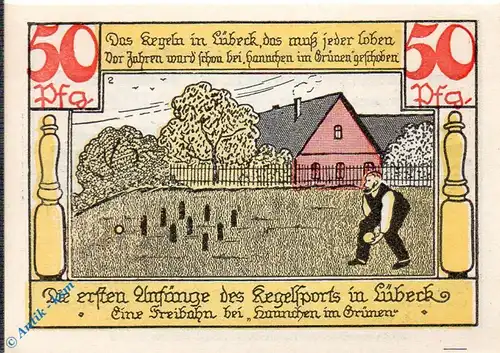 Notgeld Lübeck , Keglerheim , 50 Pfennig Schein Nr 2 , Mehl Grabowski 833.1 , von 1921 , Schleswig Holstein Seriennotgeld