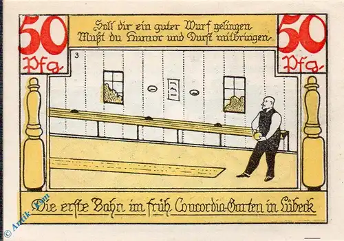 Notgeld Lübeck , Keglerheim , 50 Pfennig Schein Nr 3 , Mehl Grabowski 833.1 , von 1921 , Schleswig Holstein Seriennotgeld