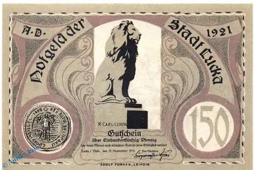 Notgeld Stadt Lucka 816.1 , 150 Pfennig Schein in kfr. von 1921 , Thüringen Seriennotgeld