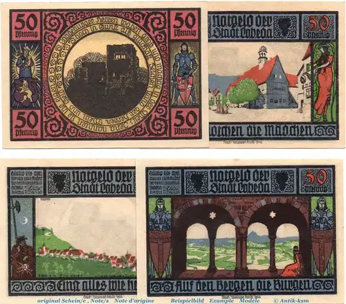 Notgeld der Stadt Lobeda , 808.1 , Set mit 4 x 50 Pf 1 Us. in kfr. von 1921 , Thüringen Seriennotgeld