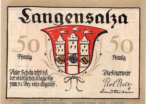 Notgeld Feuerwehr Langensalza , 769.1 , 50 Pfennig Schein Nr 1 in kfr. o.D. Thüringen Seriennotgeld