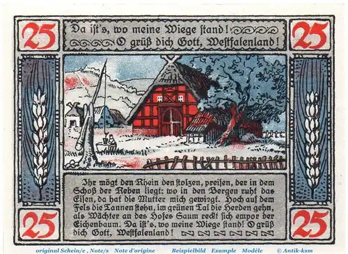 Notgeld Stadt Lübbecke 819.2.b , 25 Pfennig Schein o. Kn. in kfr. von 1921 , Westfalen Seriennotgeld