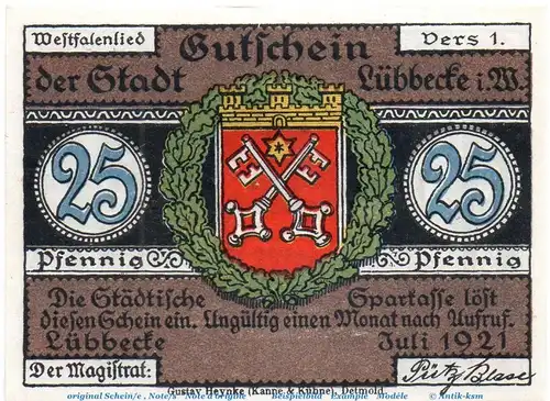 Notgeld Stadt Lübbecke 819.2.b , 25 Pfennig Schein o. Kn. in kfr. von 1921 , Westfalen Seriennotgeld