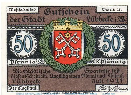 Notgeld Stadt Lübbecke 819.2.b , 50 Pfennig Schein o. Kn. in kfr. von 1921 , Westfalen Seriennotgeld