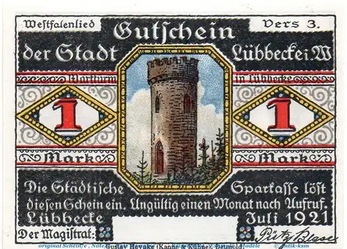 Notgeld Stadt Lübbecke 819.2.b , 1 Mark Schein o. Kn. in kfr. von 1921 , Westfalen Seriennotgeld