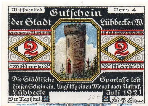 Notgeld Stadt Lübbecke 819.2.b , 2 Mark Schein o. Kn. in kfr. von 1921 , Westfalen Seriennotgeld