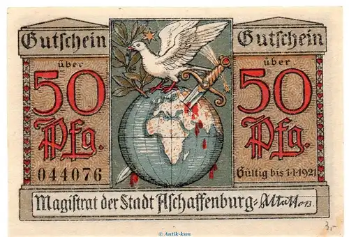 Notgeld Stadt Aschaffenburg 0220.10.01 , 50 Pfennig Schein in kfr. o.D. Bayern Verkehrsausgabe