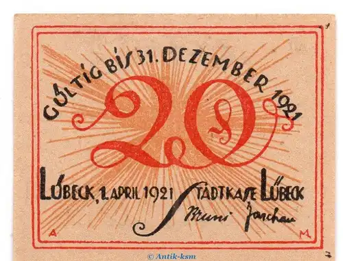 Notgeld Stadtkasse Lübeck 831.1 , 20 Pfennig Schein Fehldruck in kfr. von 1921 Schleswig Holstein Seriennotgeld