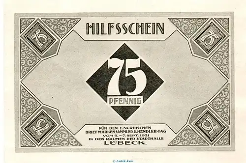 Notgeld Brm. und Händlertag Lübeck 826.7 , 75 Pfennig Schein Nr.1 in kfr. von 1921 , Schleswig Holstein Seriennotgeld