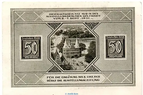 Notgeld Brm. und Händlertag Lübeck 826.10 , 50 Pfennig Schein Nr.1 in kfr. von 1921 , Schleswig Holstein Seriennotgeld