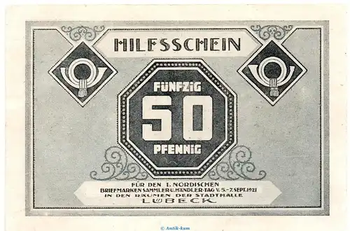 Notgeld Brm. und Händlertag Lübeck 826.10 , 50 Pfennig Schein Nr.1 in kfr. von 1921 , Schleswig Holstein Seriennotgeld