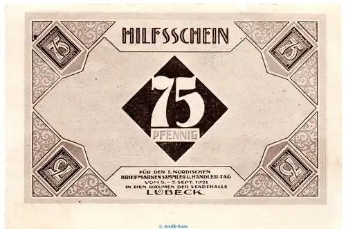 Notgeld Brm. und Händlertag Lübeck 826.3 , 75 Pfennig Schein Nr.2 in f-kfr. von 1921 , Schleswig Holstein Seriennotgeld