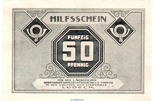 Notgeld Brm. und Händlertag Lübeck 826.10 , 50 Pfennig Schein Nr.2 in kfr. von 1921 , Schleswig Holstein Seriennotgeld