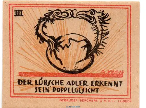 Notgeld Stadtkasse Lübeck 831.1 , 20 Pfennig Schein Nr.3 Fehldruck in kfr. von 1921 Schleswig Holstein Seriennotgeld