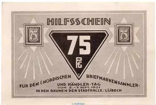 Vorlage NG  - kfr Notgeld Brfm. und Händlertag Lübeck 826.13 , 75 Pfennig Schein Nr.6 in kfr. von 1921 , Schleswig Holstein Seriennotgeld
