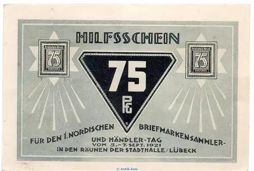 Notgeld Brfm. und Händlertag Lübeck 826.1 , 75 Pfennig Schein Nr.8 in kfr. von 1921 , Schleswig Holstein Seriennotgeld