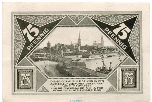 Notgeld Brfm. und Händlertag Lübeck 826.1 , 75 Pfennig Schein Nr.8 in kfr. von 1921 , Schleswig Holstein Seriennotgeld