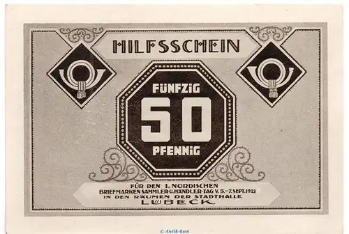 Notgeld Brfm. und Händlertag Lübeck 826.14 , 50 Pfennig Schein Nr.1 in kfr. von 1921 , Schleswig Holstein Seriennotgeld