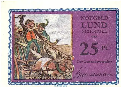 Notgeld Lund - Schobüll 844.2.b , 25 Pfennig Schein -violettrosa- in kfr. o.D. Schleswig Holstein Seriennotgeld