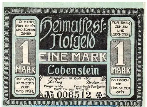 Notgeld Stadt Lobenstein 809.3 , 1 Mark Schein Nr.1 in kfr. von 1921 , Thüringen Seriennotgeld