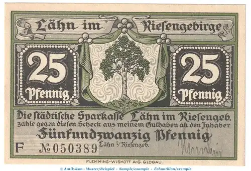 Notgeld Sparkasse Lähn 756.1.a , 25 Pfennig -mit US- in kfr. o.D. Schlesien Seriennotgeld