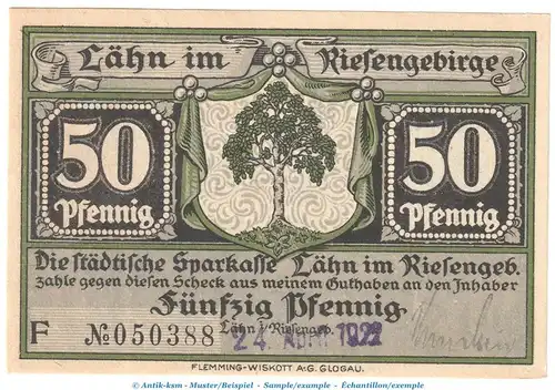 Notgeld Sparkasse Lähn 756.1.a , 50 Pfennig -Dat + US- in kfr. o.D. Schlesien Seriennotgeld