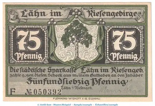 Notgeld Sparkasse Lähn 756.1.a , 75 Pfennig -mit US- in kfr. o.D. Schlesien Seriennotgeld