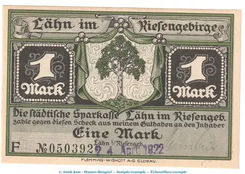 Notgeld Sparkasse Lähn 756.1.a , 1 Mark -Dat + US- in kfr. von 1922 , Schlesien Seriennotgeld