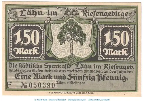 Notgeld Sparkasse Lähn 756.1.a , 1,50 Mark -mit US- in kfr. o.D. Schlesien Seriennotgeld