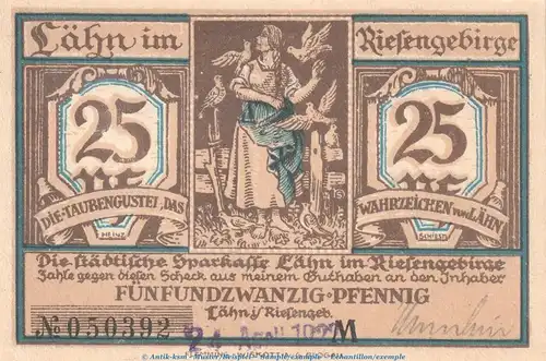 Notgeld Sparkasse Lähn 756.3.a , 25 Pfennig -Dat + US- in kfr. o.D. Schlesien Seriennotgeld