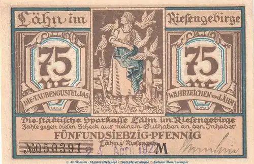 Notgeld Sparkasse Lähn 756.3.a , 75 Pfennig -Dat + US- in kfr. o.D. Schlesien Seriennotgeld