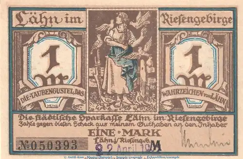 Notgeld Sparkasse Lähn 756.3.a , 1 Mark -Dat + US- in kfr. o.D. Schlesien Seriennotgeld