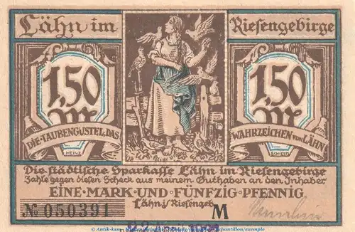 Notgeld Sparkasse Lähn 756.3.a , 1,50 Mark -Dat + US- in kfr. o.D. Schlesien Seriennotgeld