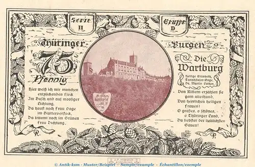 Notgeld Th. Burgenserie Kahla 665.3 , 75 Pfennig Schein -D- in kfr. von 1921 , Thüringen Seriennotgeld