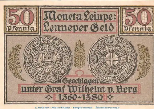 Notgeld Stadt Lennep 791.1 , 50 Pfennig Schein -A- in kfr. von 1921 , Westfalen Seriennotgeld