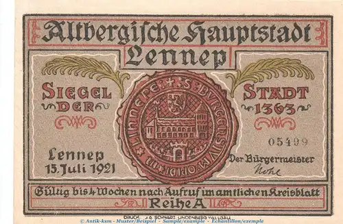 Notgeld Stadt Lennep 791.1 , 50 Pfennig Schein -A- in kfr. von 1921 , Westfalen Seriennotgeld