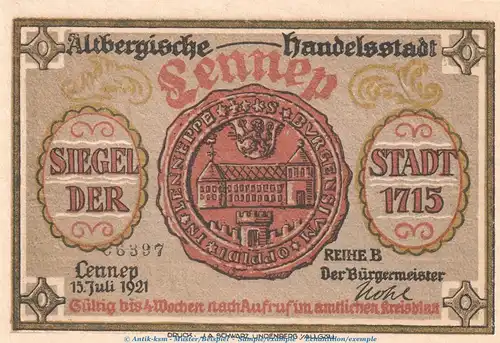 Notgeld Stadt Lennep 791.1 , 50 Pfennig Schein -B- in kfr. von 1921 , Westfalen Seriennotgeld