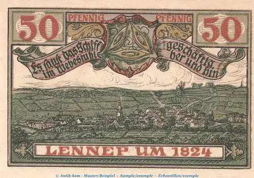Notgeld Stadt Lennep 791.1 , 50 Pfennig Schein -C- in kfr. von 1921 , Westfalen Seriennotgeld