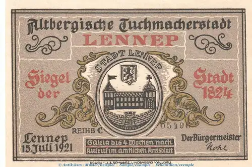 Notgeld Stadt Lennep 791.1 , 50 Pfennig Schein -C- in kfr. von 1921 , Westfalen Seriennotgeld