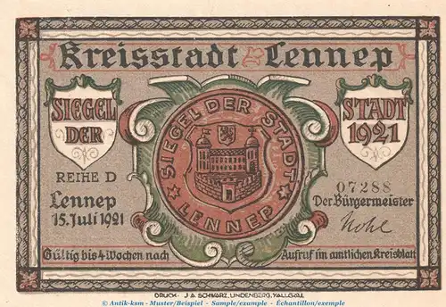 Notgeld Stadt Lennep 791.1 , 75 Pfennig Schein -D- in kfr. von 1921 , Westfalen Seriennotgeld