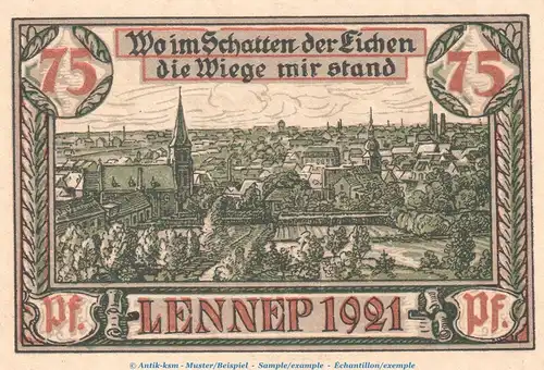 Notgeld Stadt Lennep 791.1 , 75 Pfennig Schein -D- in kfr. von 1921 , Westfalen Seriennotgeld