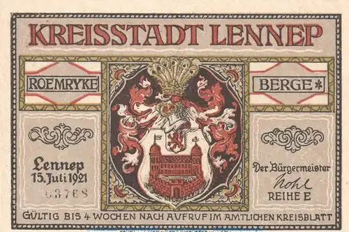 Notgeld Stadt Lennep 791.1 , 75 Pfennig Schein -E- in kfr. von 1921 , Westfalen Seriennotgeld