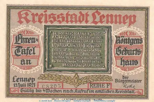 Notgeld Stadt Lennep 791.1 , 75 Pfennig Schein -F- in kfr. von 1921 , Westfalen Seriennotgeld