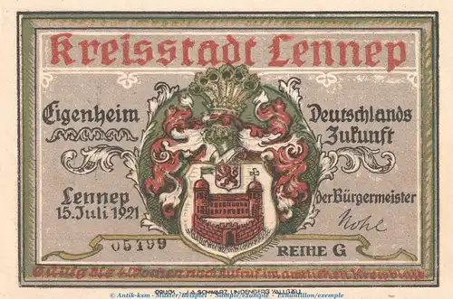 Notgeld Stadt Lennep 791.1 , 75 Pfennig Schein -G- in kfr. von 1921 , Westfalen Seriennotgeld