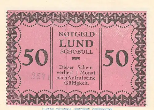 Notgeld Gemeinde Lund-Schobüll 844.2.a , 50 Pfennig -Mit Kennummer- in kfr. o.D. Schleswig Holstein Seriennotgeld