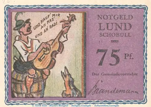 Notgeld Gemeinde Lund-Schobüll 844.2.a , 75 Pfennig -Mit Kennummer- in kfr. o.D. Schleswig Holstein Seriennotgeld