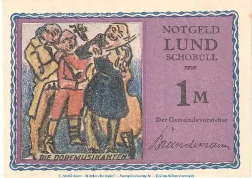 Notgeld Gemeinde Lund-Schobüll 844.2.a , 1 Mark -Mit Kennummer- in kfr. o.D. Schleswig Holstein Seriennotgeld