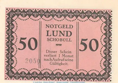 Notgeld Gemeinde Lund-Schobüll 844.1.a , 50 Pfennig -Mit Kennummer- in kfr. o.D. Schleswig Holstein Seriennotgeld