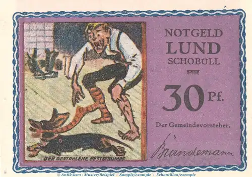 Notgeld Gemeinde Lund-Schobüll 844.2.b , 30 Pfennig Schein -Fehldruck- in kfr. o.D. Schleswig Holstein Seriennotgeld