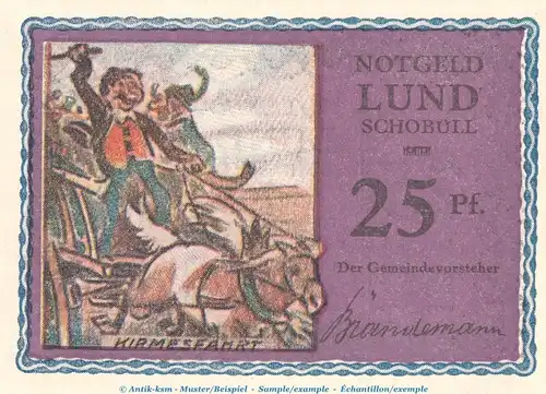 Notgeld Gemeinde Lund-Schobüll 844.1.b , 25 Pfennig Schein -Fehldruck- in kfr. o.D. Schleswig Holstein Seriennotgeld